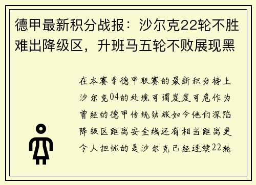 德甲最新积分战报：沙尔克22轮不胜难出降级区，升班马五轮不败展现黑马风采